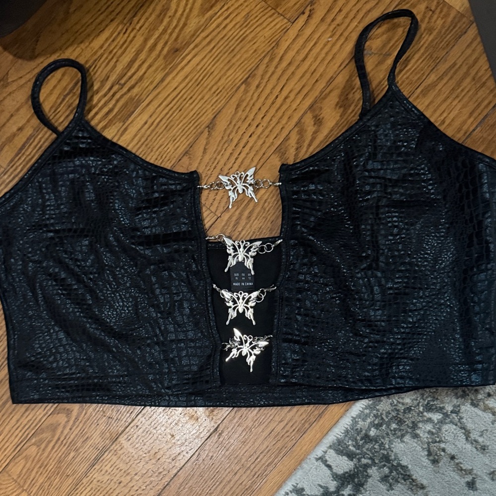 Black Cropped Top with Butterfly Accents